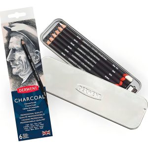 Lapices Carbon Charcoal Derwent X 6 Con Sacapuntas Lata Carbonilla
