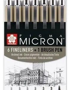 Sakura Pigma Micron 6 Microfibras Negras+ 1 Brush Set