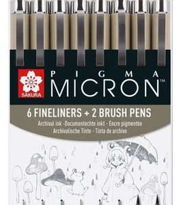 Sakura Pigma Micron 6 Microfibras Grises + 2 Brush Set