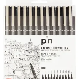 Set De 12 Microfibras Uni Pin 200 Black Tinta Pigmentada